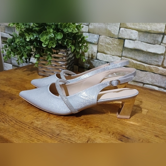 kkdom Shoes - New KKDOM Chunky Closed Pointed Toe Block‎ Heels Strappy Silver Metallic Formal